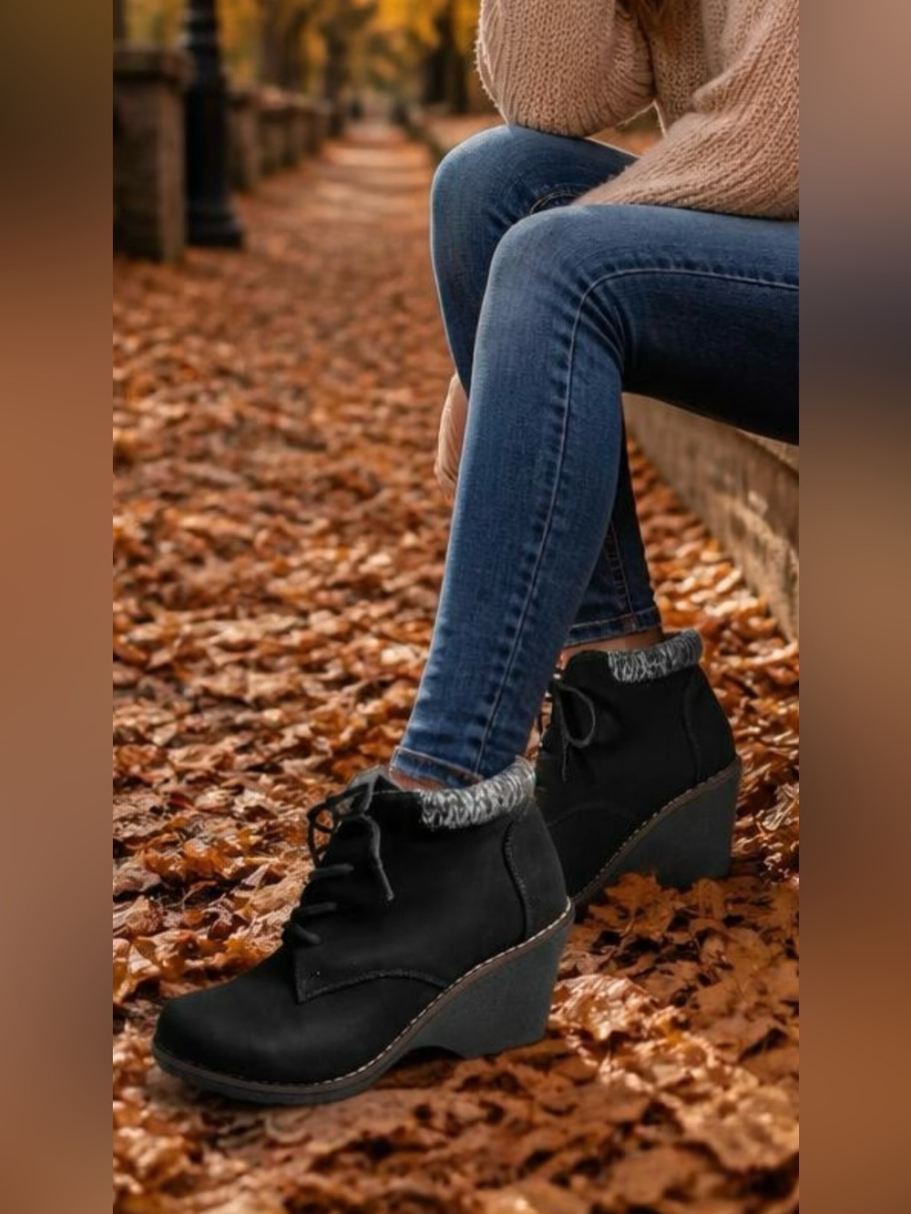 White Mountain Lambert Black Lace-Up Wedge Ankle Boots with Knit Cuff